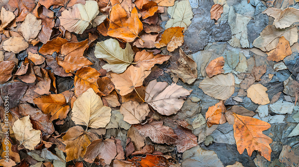 Obraz premium Autumn Leaves on Stone Ground - Fall Foliage Texture
