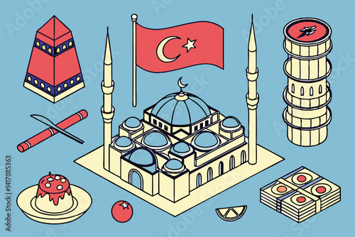 5 Isometric Turkish culture icons, vibrant colors, blue background, 3D illustration, fez hat, Turkish flag, hookah, baklava, kebab, Turkish coffee, evil eye, crescent moon, stars, Galata Tower, Hagia 