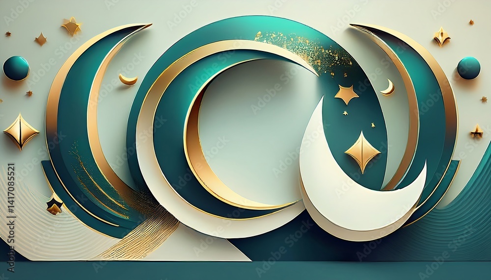 A 3D abstract minimalist background designed for a professional presentation, featuring smooth geometric shapes, soft gradients, and subtle Islamic patterns like crescent moons and arabesque motifs.