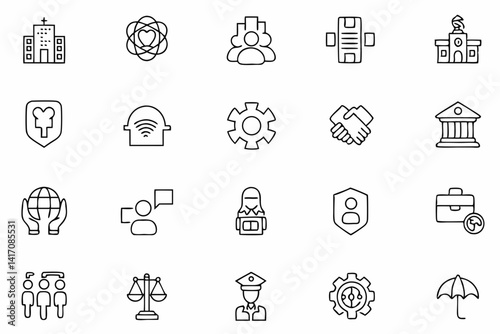 Black and White Social Policy Icons – Line Art SVG for Governance and Community

