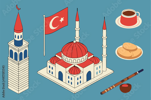 5 Isometric Turkish culture icons, vibrant colors, blue background, 3D illustration, fez hat, Turkish flag, hookah, baklava, kebab, Turkish coffee, evil eye, crescent moon, stars, Galata Tower, Hagia 