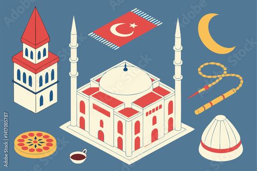 5 Isometric Turkish culture icons, vibrant colors, blue background, 3D illustration, fez hat, Turkish flag, hookah, baklava, kebab, Turkish coffee, evil eye, crescent moon, stars, Galata Tower, Hagia 