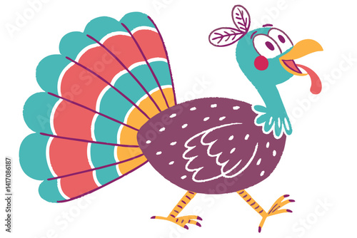 6 Cartoon turkey, vibrant colors, stylized illustration, red wattle, blue polka-dotted head, colorful feathers, purple body, teal wings, orange and white tail feathers, yellow legs, whimsical design, 