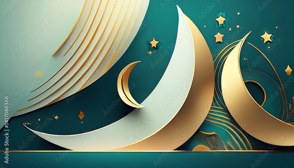 A 3D abstract minimalist background designed for a professional presentation, featuring smooth geometric shapes, soft gradients, and subtle Islamic patterns like crescent moons and arabesque motifs.