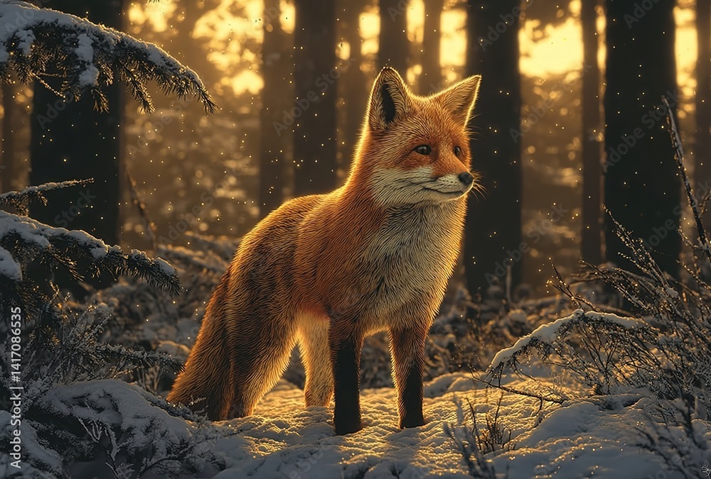 Obraz premium Red Fox in Winter Wilderness. A fox with vibrant fur standing in a snowy forest under dappled sunlight. Used for wildlife documentaries, conservation campaigns, or seasonal art.