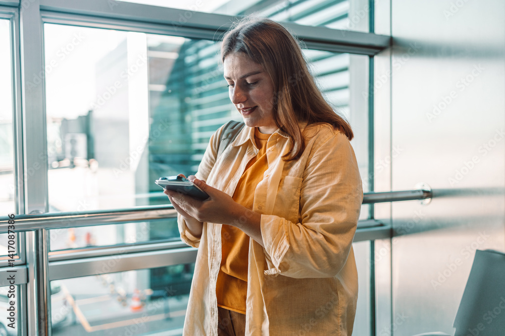 A young woman dressed in a yellow outfit is checking her smartphone in the airport terminal while waiting for her flight. She is engaged in the use of modern technology, a common activity at airports