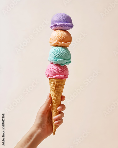 Close-up of female hand holding tall waffle cone with pastel ice cream scoops isolated on white background. The ice cream balls are stacked in a pyramid one on top of the other.