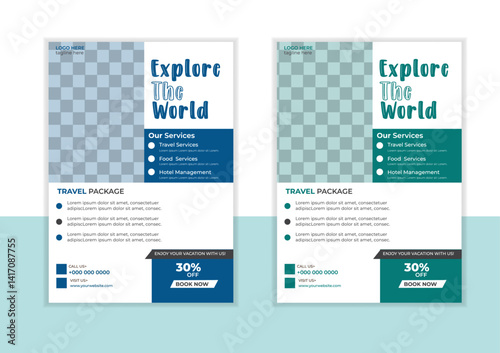 Explore the world travel adventure flyer layout template . Vector illustration.Vacation travel brochure flyer design template, summer brochure template, travel flyer, tourism flyer, flyer design