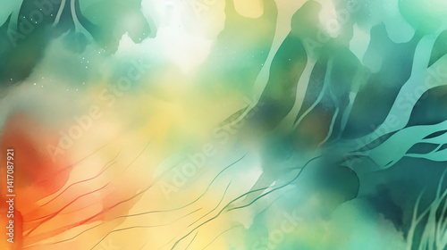 This abstract watercolor artwork showcases a blend of vibrant colors and flowing patterns, creating a serene and artistic atmosphere. Perfect for design and decor.