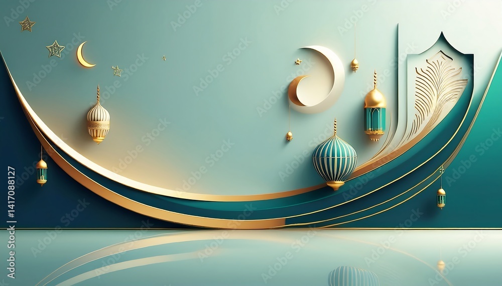 A 3D abstract minimalist background designed for a professional presentation, featuring smooth geometric shapes, soft gradients, and subtle Islamic patterns like crescent moons and arabesque motifs.