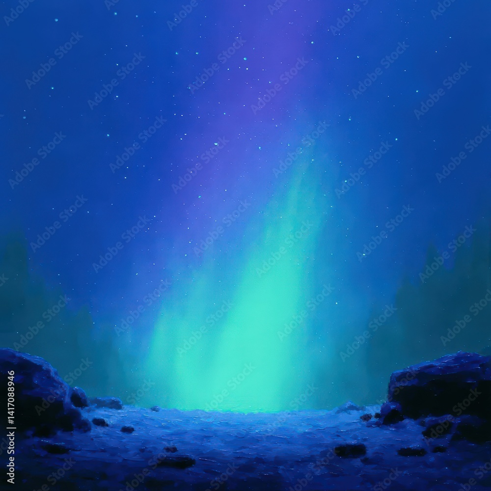 Naklejka premium Winter fantasy forest with ethereal aurora ribboning across the stars, quiet and still