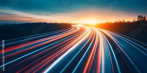 Vibrant Sunset Over Highway with Light Trails of Moving Vehicles