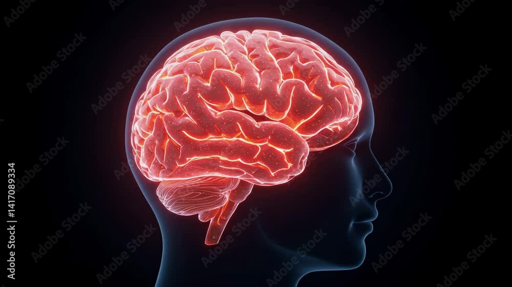 Side view of a glowing human brain illustration on a dark background, neuroscience, resembling a futuristic video concept with a focus on neural pathways. Side view of a glowing human brain illustration on a dark background, neuroscience, resembling a futuristic video concept with a focus on neural pathways.