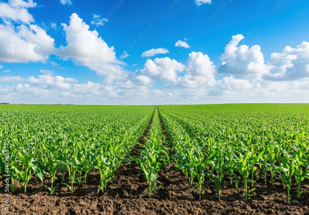 Lush Green Cornfield Under Bright Blue Sky with Fluffy Clouds and Rows of Young Corn Plants Stretching into the Distance Lush Green Cornfield Under Bright Blue Sky with Fluffy Clouds and Rows of Young Corn Plants Stretching into the Distance