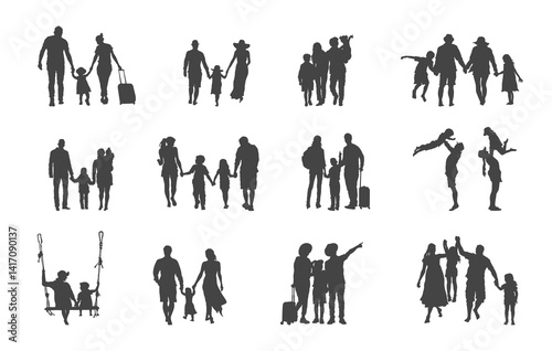 Travel family silhouette, Travel family svg, Family svg, Family silhouette, Happy family svg, Happy family silhouette, Family vector set.
