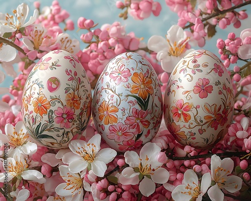 Ornate Easter eggs nestled amidst spring blossoms.