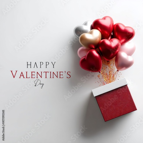 Obraz na płótnie A Box of Love: Heart-Shaped Balloons and Confetti for a Happy Valentine's Day Celebration, a Gift of Affection w salonie