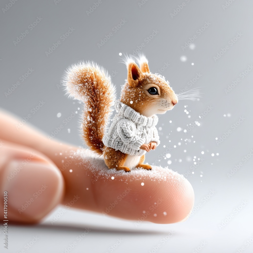 A Tiny Winter Friend: Squirrel in a Sweater on a Finger Surrounded by Snowfall