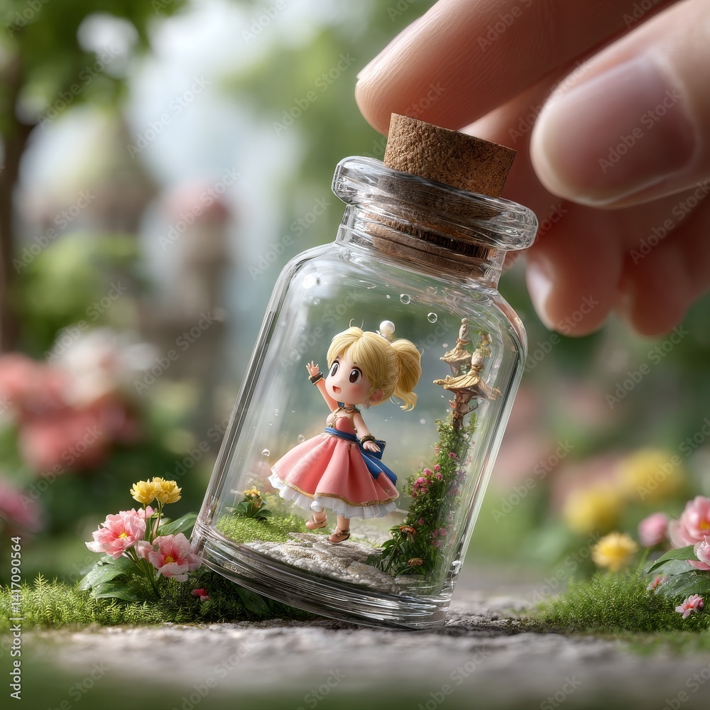 A Tiny World in a Bottle: Enchanting Miniature Scene with a Cute Girl, Flowers, and a Whimsical Pagoda.