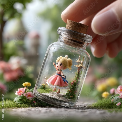 Obraz na płótnie A Tiny World in a Bottle: Enchanting Miniature Scene with a Cute Girl, Flowers, and a Whimsical Pagoda. w salonie