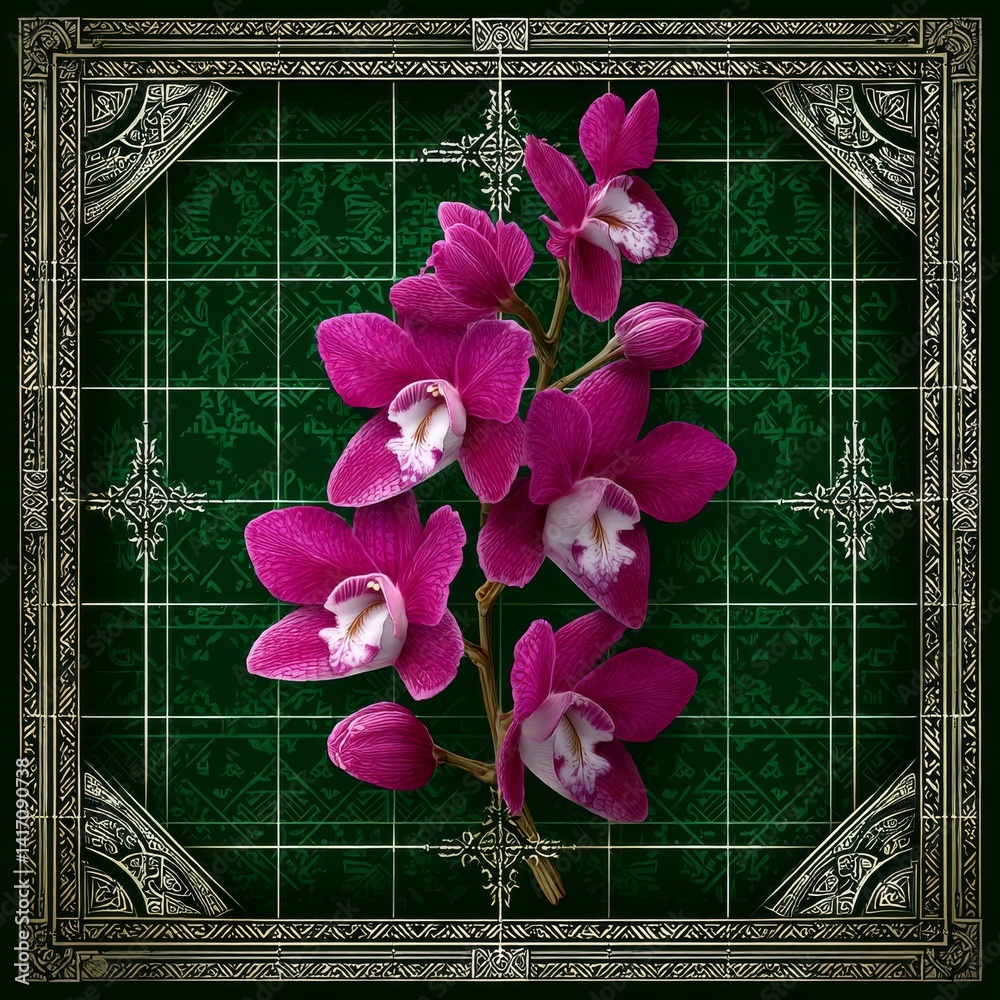 Elegant Orchids in Ornate Islamic-Inspired Frame: A Fusion of Nature and Art in Digital Rendering