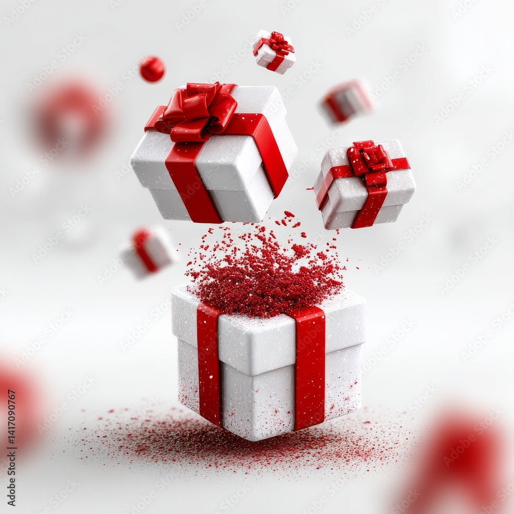 Festive Gift Boxes with Red Ribbons in Mid-Air, Glittering Particles and Celebration Atmosphere