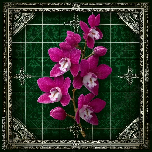 Obraz na płótnie Elegant Orchids in Ornate Islamic-Inspired Frame: A Fusion of Nature and Art in Digital Rendering w salonie