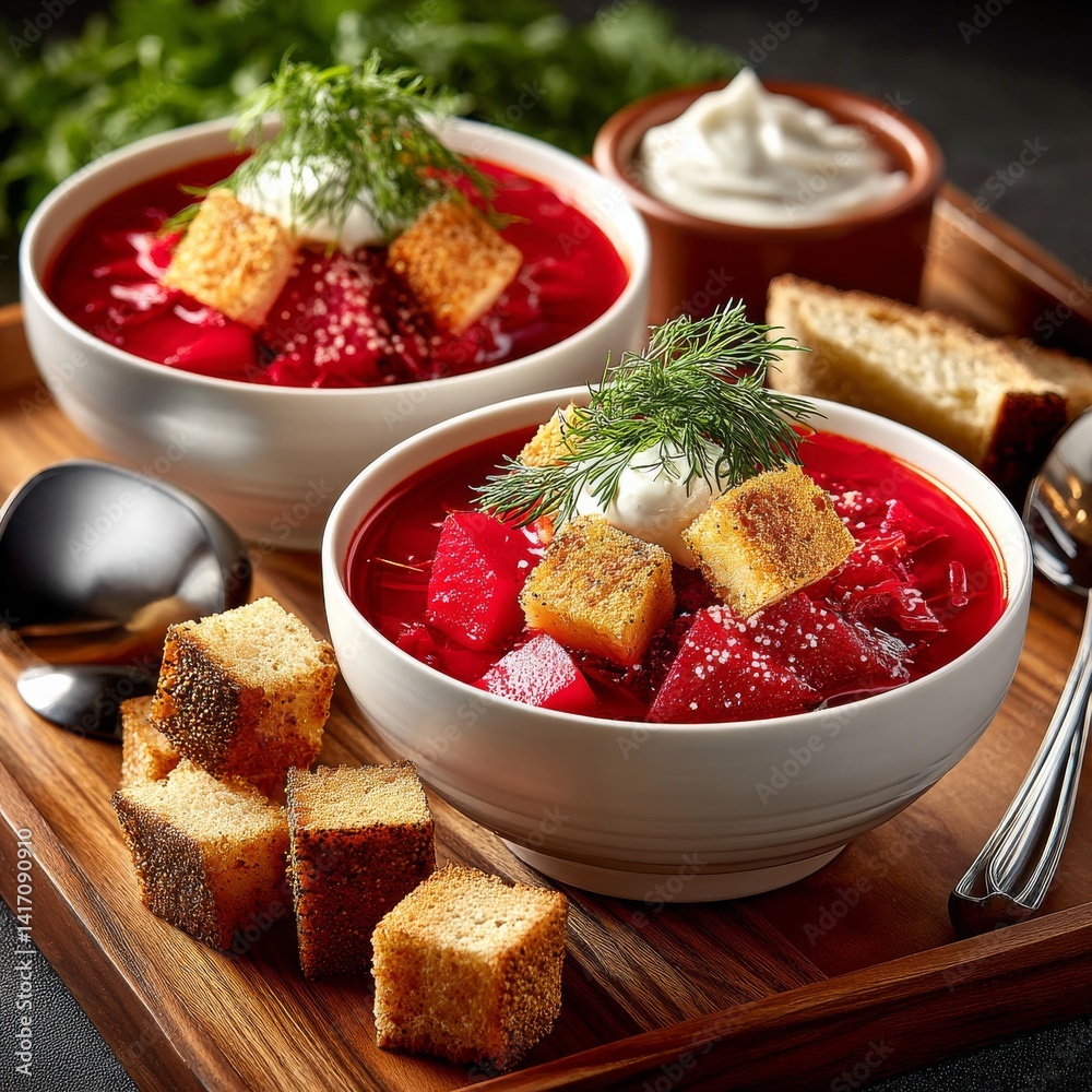Hearty Beet Borscht: A Rich and Vibrant Soup Garnished with Dill, Sour Cream, and Crispy Croutons on Wooden Tray