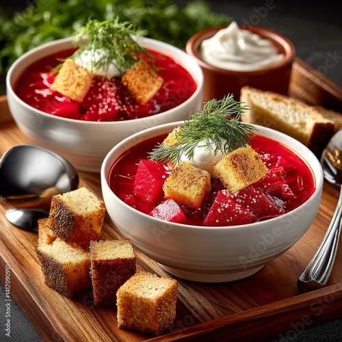 Obraz na płótnie Hearty Beet Borscht: A Rich and Vibrant Soup Garnished with Dill, Sour Cream, and Crispy Croutons on Wooden Tray w salonie