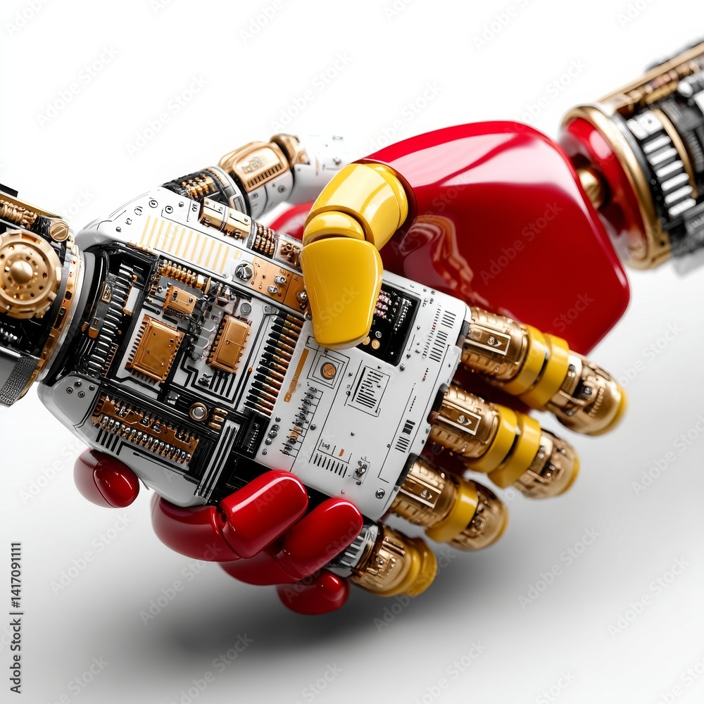Robotic Handshake: A Close-Up of Technological Collaboration with Exposed Circuitry and Intricate Metallic Details