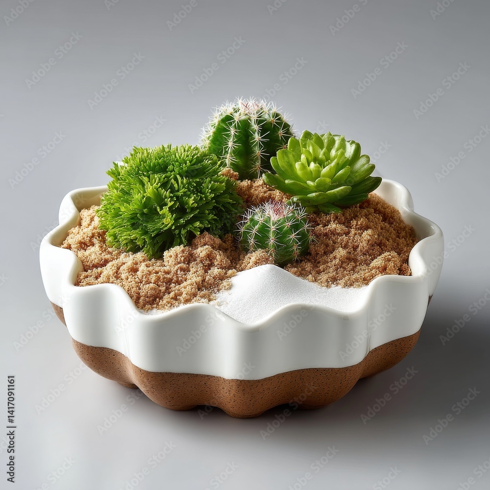 Succulent Oasis: A tabletop arrangement of cacti and greenery flourishing in a decorative bowl with sand and white gravel.