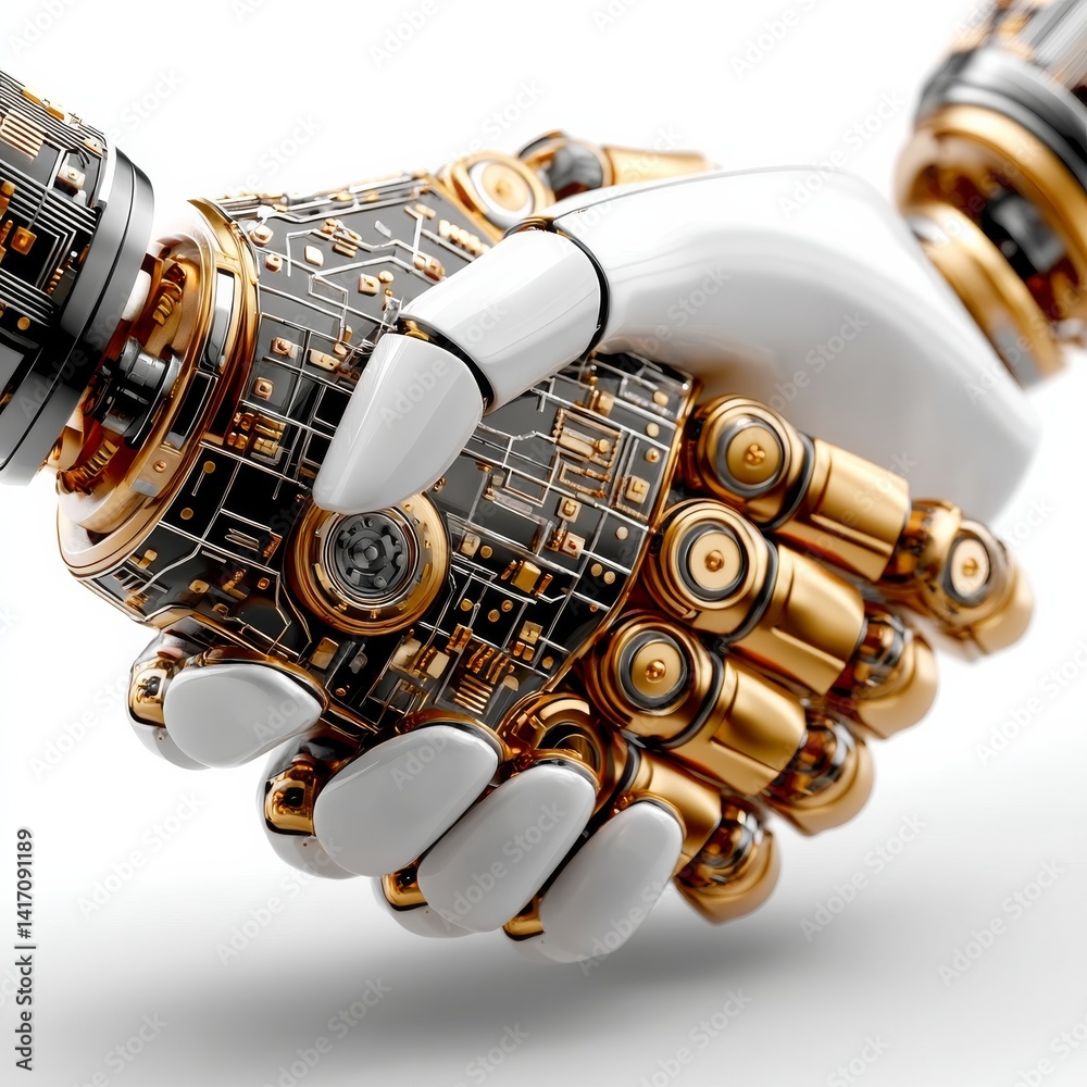 The Future of Collaboration: Robotic Handshake Depicting Artificial Intelligence and Human Interaction.