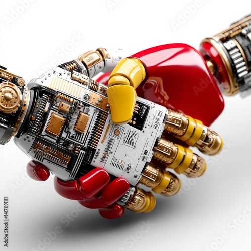 Obraz na płótnie Robotic Handshake: A Close-Up of Technological Collaboration with Exposed Circuitry and Intricate Metallic Details w salonie