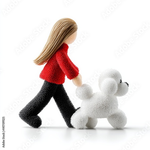 Obraz na płótnie Stylized Woman Walking a Poodle: A Unique 3D Rendered Scene with Focus on Texture and Form on a White Background w salonie