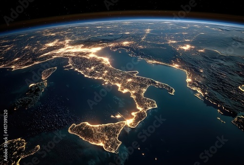Italy’s Nightglow from Space. A satellite image showing city lights and coastline. Applied in geography education or environmental studies to illustrate urbanization