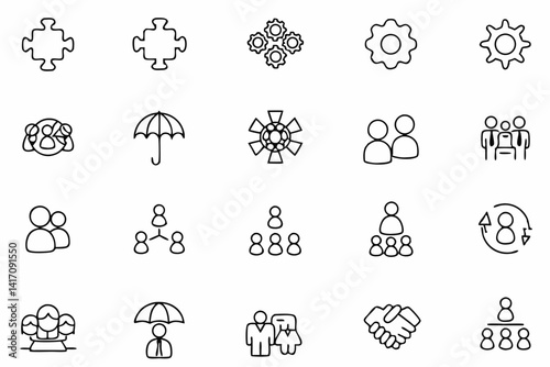 Team Collaboration Icons – Minimal Black and White Line Art Set

