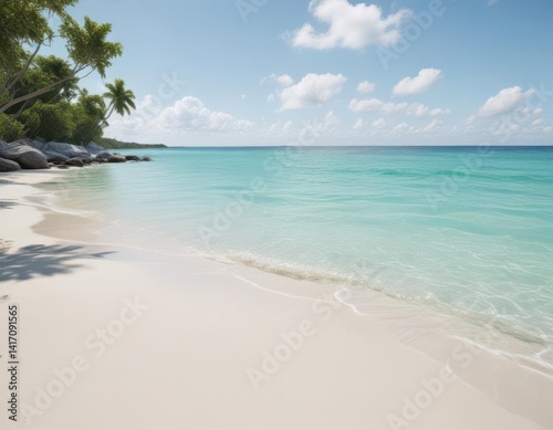 White sand beach, clear water, distant green island, beach, wave