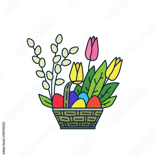 Happy Easter. Basket, eggs, pussy willow branches (cats), tulip flowers, leaves. Colorful Vector icon with editable stroke lines. Graphic flat logo isolated on white background.
