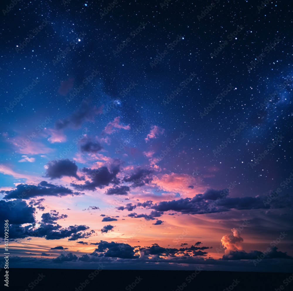 Fototapeta premium a cosmic cotton candy sky, with navy, orange, pink, lavendar. clouds should be sparse. stars plentiful