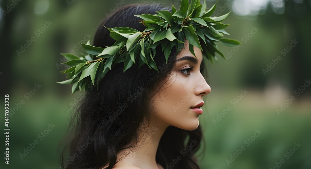 Serene Beauty: A Woman Adorned with a Lush Green Wreath in a Tranquil Forest Setting Serene Beauty: A Woman Adorned with a Lush Green Wreath in a Tranquil Forest Setting