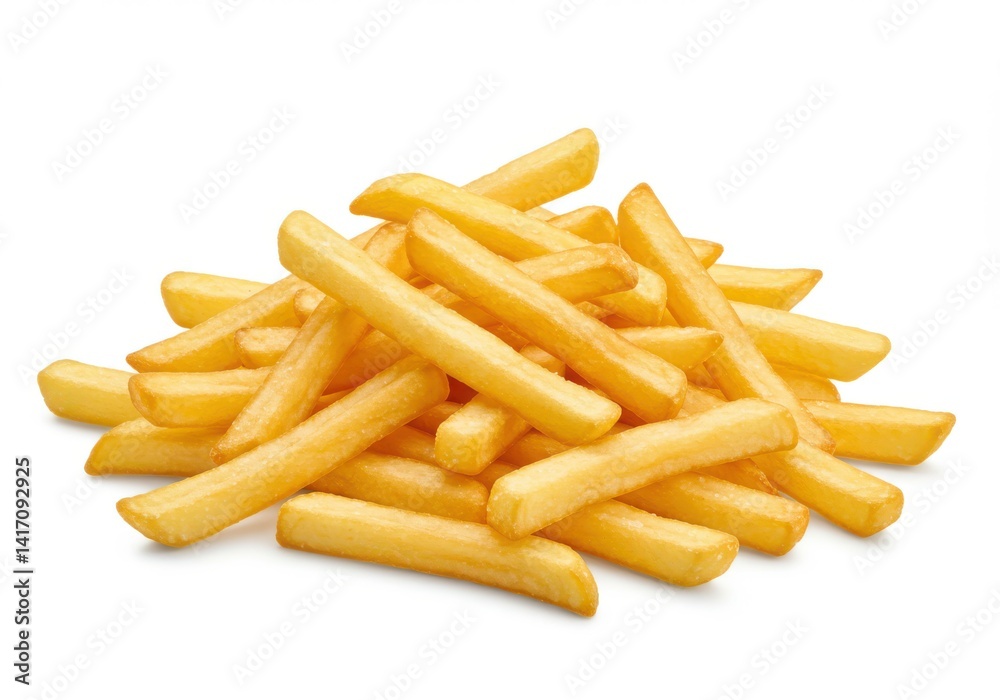 Pile of golden crispy french fried potatoes snack isolated on white background Pile of golden crispy french fried potatoes snack isolated on white background