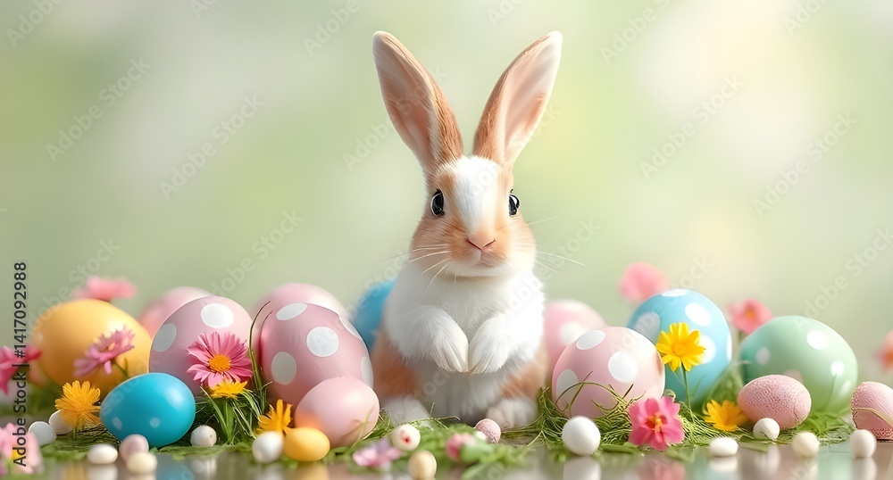 Obraz premium Easter Bunny sitting on grass surrounded by Easter Eggs. Easter background photo