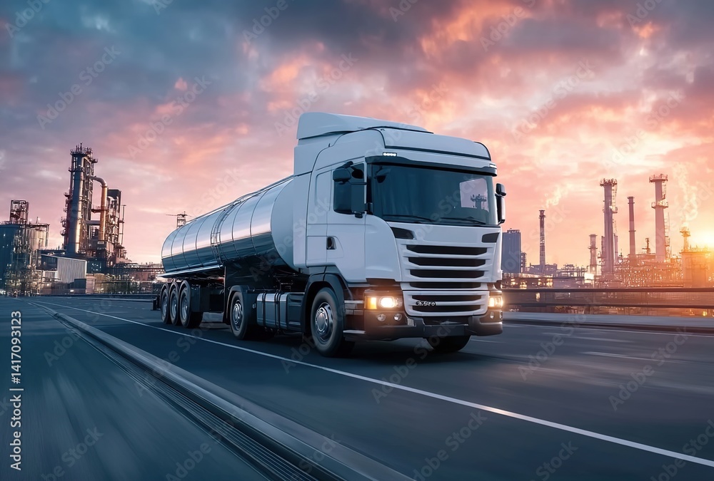 A white tanker truck driving on a highway at sunset, industrial area backdrop. Represents logistics, industrial operations, and modern transportation.