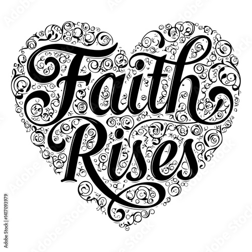 Heart-shaped typography design featuring the words "Faith Rises" filled with ornate swirls and flourishes.  Stylish and motivational, perfect for inspirational advertising or editorial use.