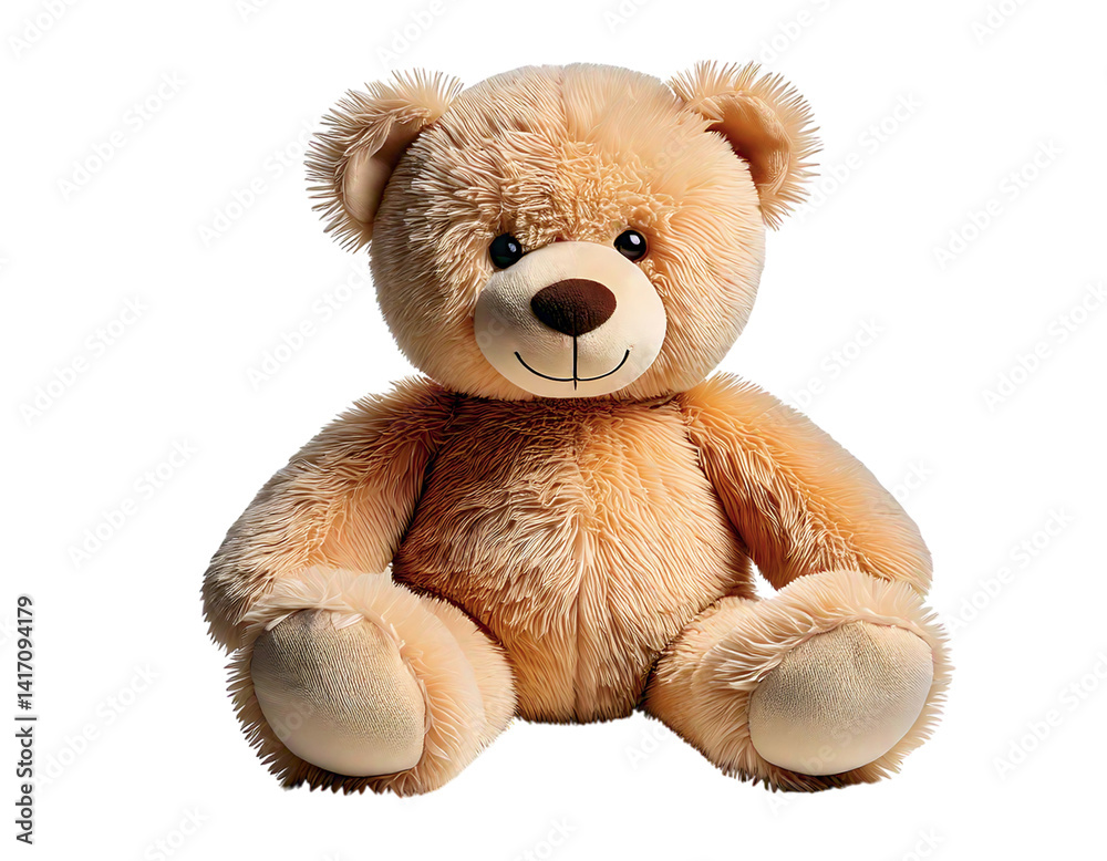 Fototapeta premium Adorable light brown teddy bear, sitting against a white background. Soft, plush fur texture.