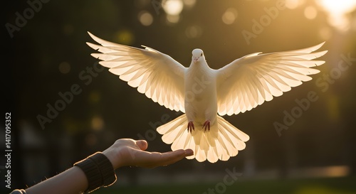 Majestic White Dove Descending onto an Outstretched Hand at Golden Hour