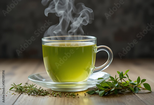 Steaming Cup of Vibrant Green Tea with Fresh Herbs on a Light Wooden Surface