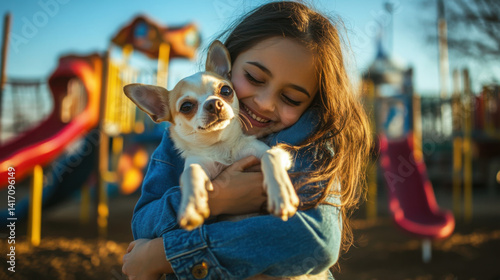 Close-up from below of a happy girl hugging her chihuahua with love in an urban playground setting