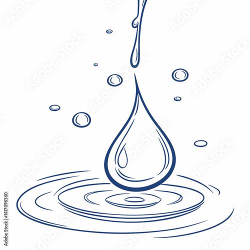 Falling Water Drop Sketch Illustration With Ripples And Bubbles On White Background
