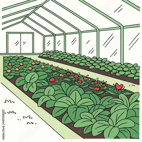 Cartoon Greenhouse Interior With Growing Vegetables And Flowers In Rows Illustration